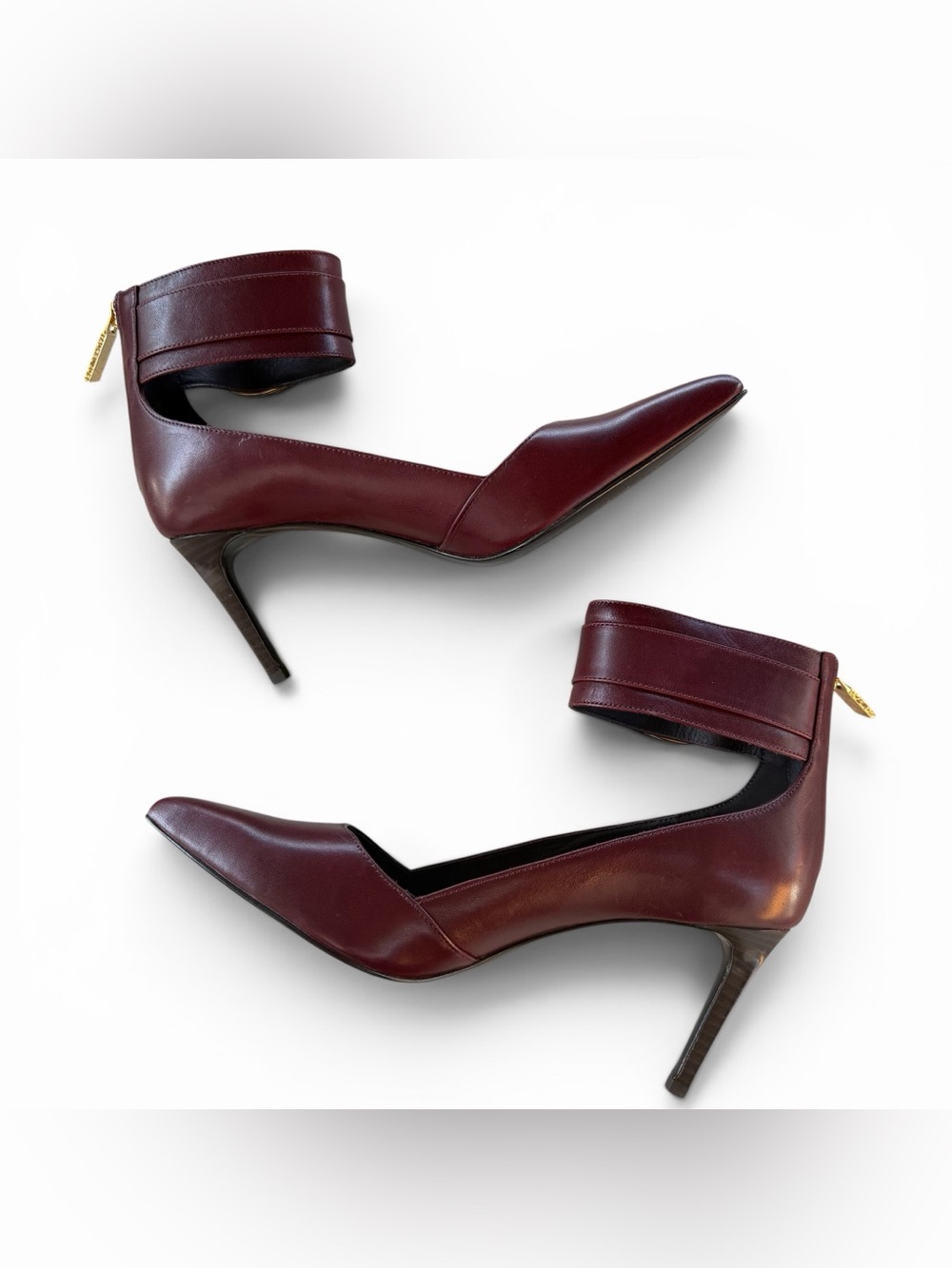 Rachel Zoe Burgundy Pointed Ankle-Strap Pumps with Gold Buckles - Picture 3 of 12